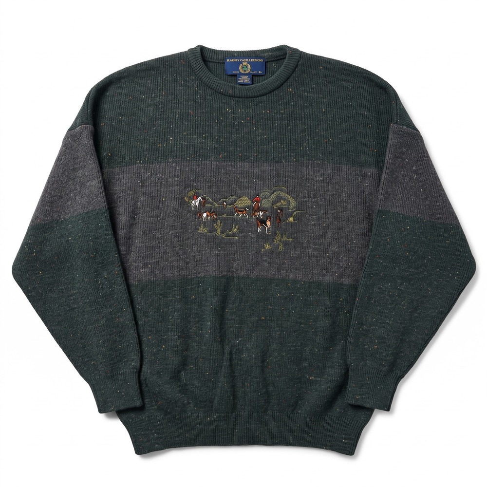 Blarney Castle Designs Sweater Mens XL Green Grey Excellent Fox Hunt Embroidery